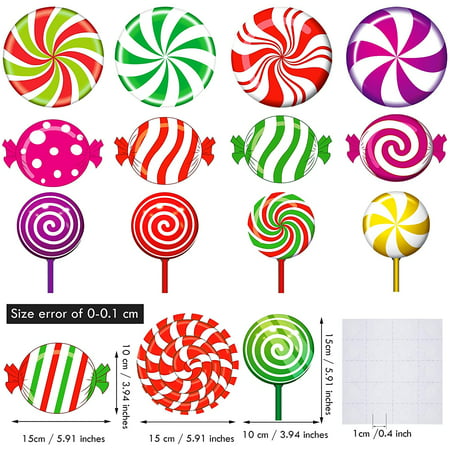 30 Pieces Christmas Candy Cutouts Peppermint Stickers Colorful Candies Round Lollipop Cutouts Candy Land Theme Xmas Candy Party Decor for Bulletin Board Decorations 